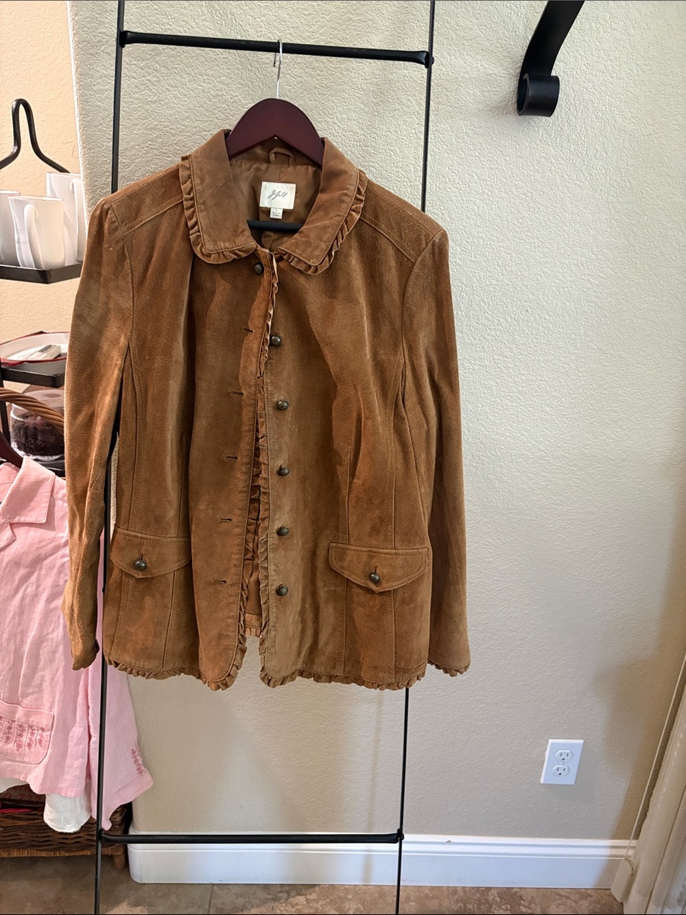J. Jill Brown Suede Ruffle-Trim Jacket
